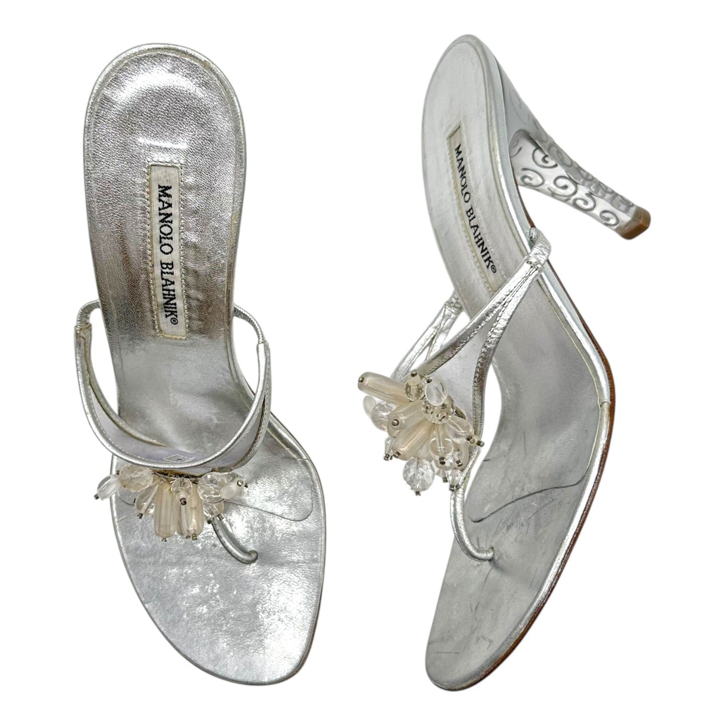 Manolo Blahnik Silver Beaded Flip Flop Heels
