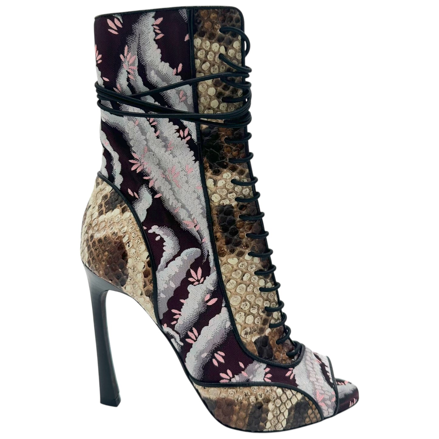 Giambattista Valli Snakeskin & Floral Lace Up Peep Toe Boots
