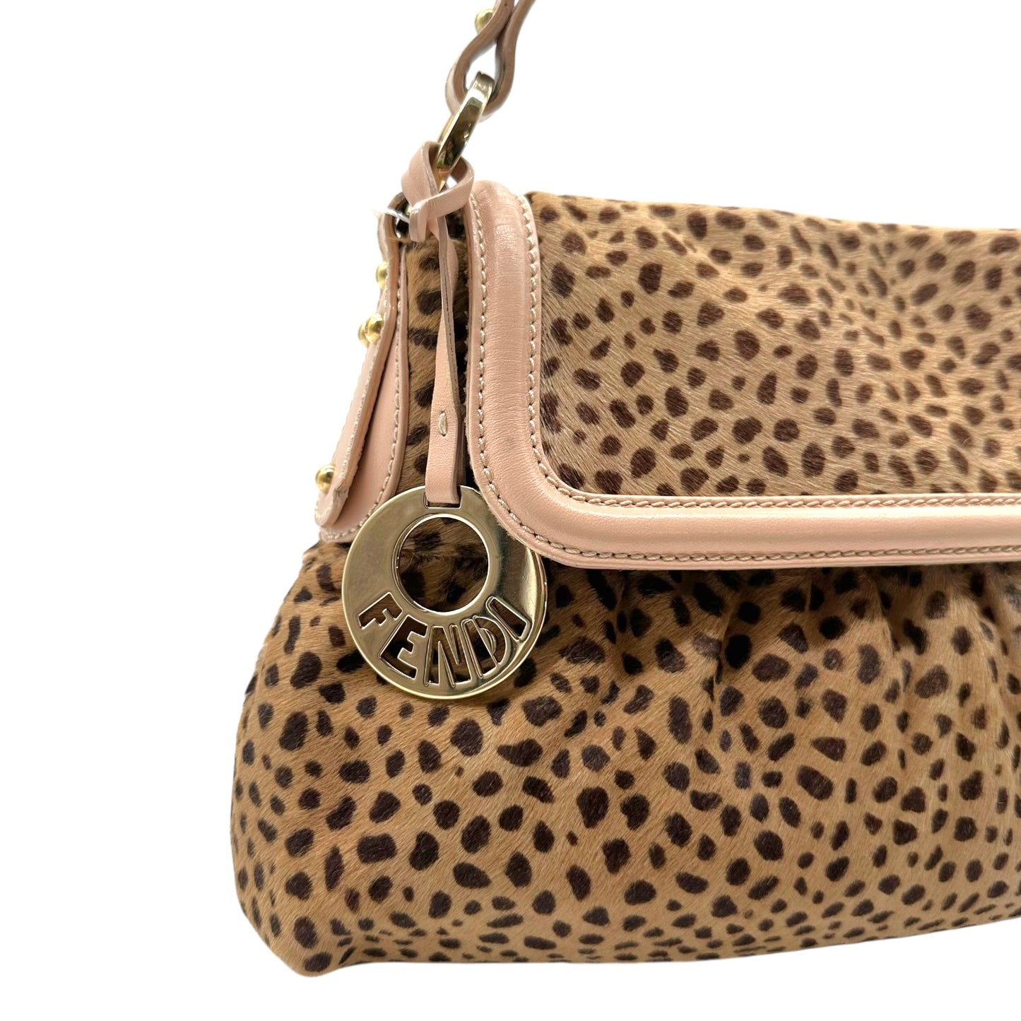 Fendi Pink Leather Trim Leopard Print Ponyhair Chef Bag