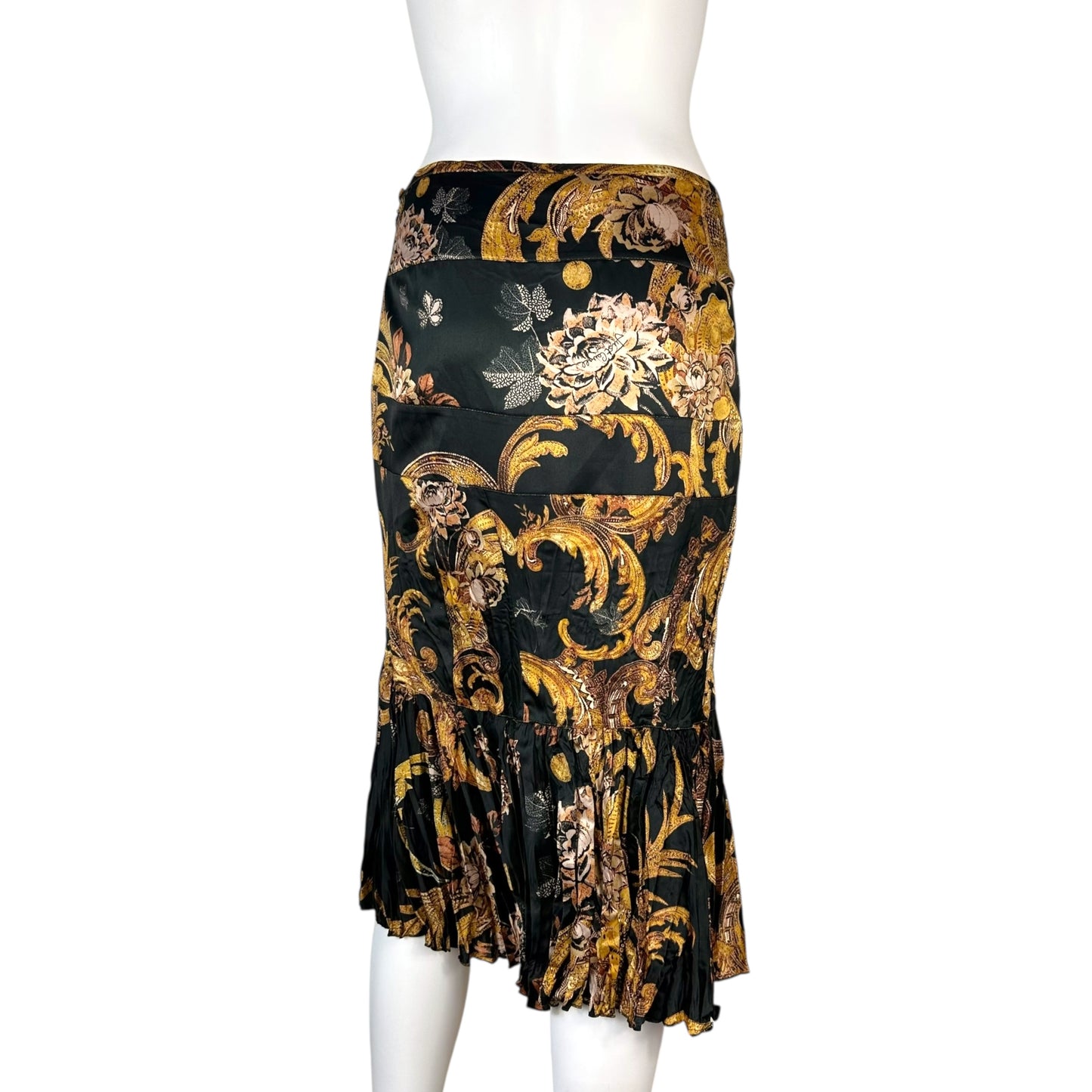 Just Cavalli Roberto Cavalli Black & Gold Damask Print Midi Skirt
