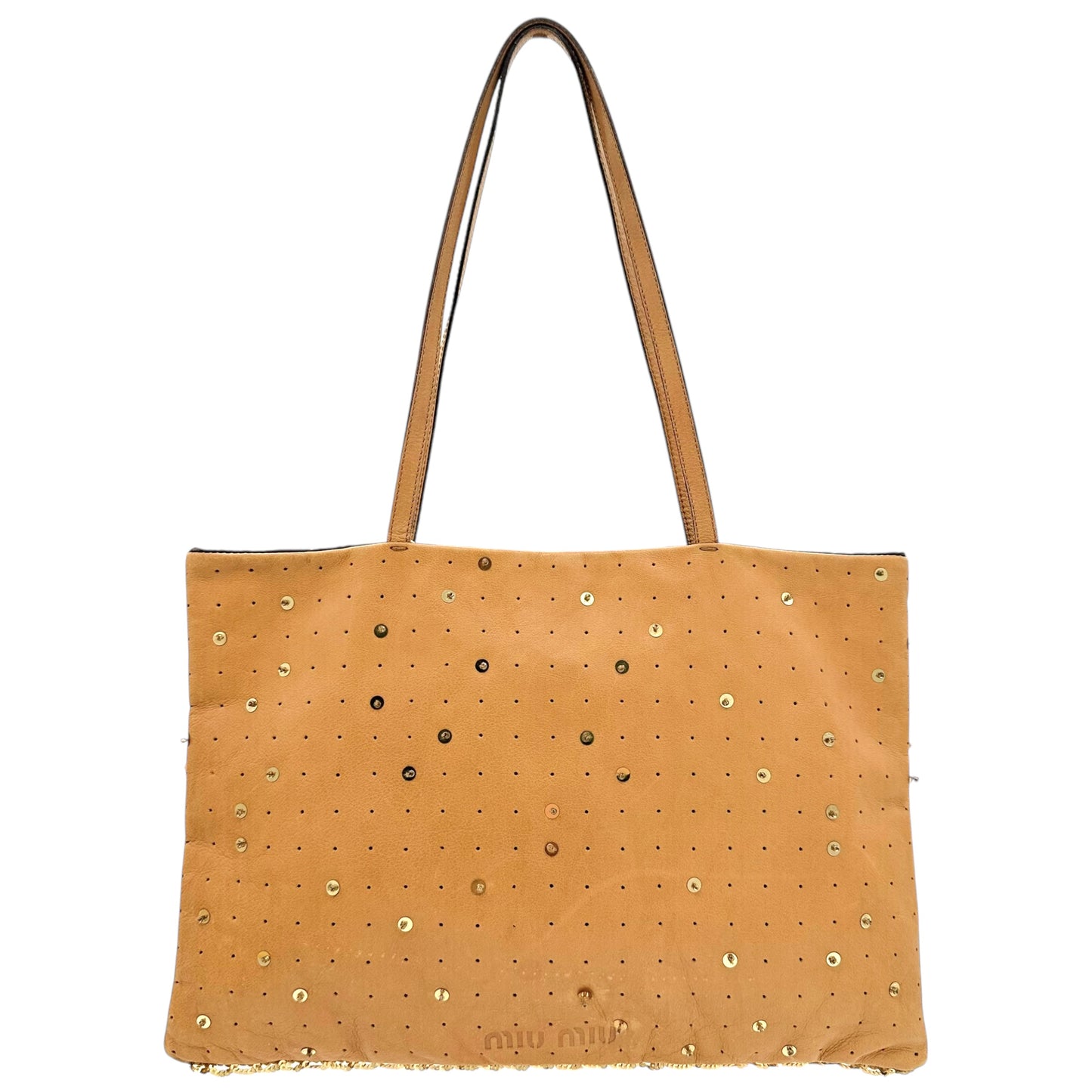 Miu Miu Tan Leather & Gold Sequin Mini Tote Bag