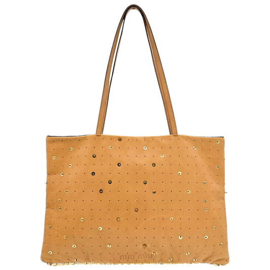 Miu Miu Tan Leather & Gold Sequin Mini Tote Bag