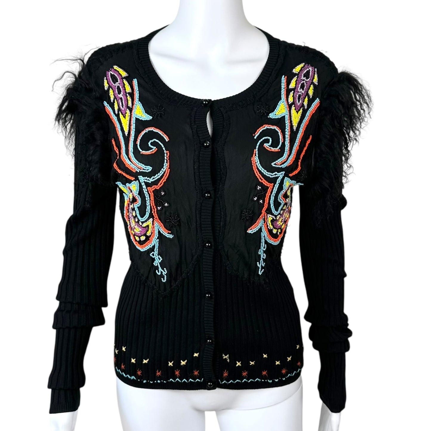 Roberto Cavalli Beaded Mongolian Lamb Fur Trim Cardigan