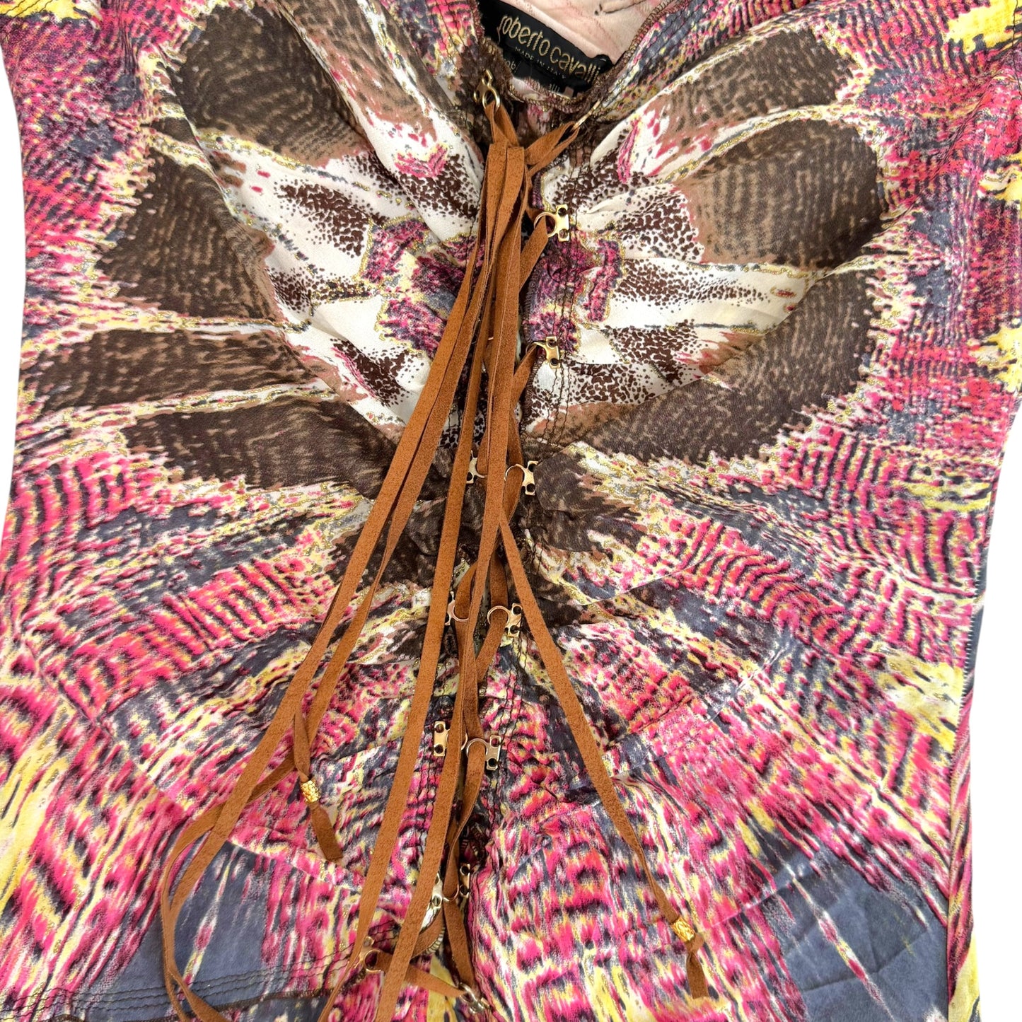 Roberto Cavalli 2003 Pink Multi Feather Print Lace Up Silk Tank & Capri Pants Set