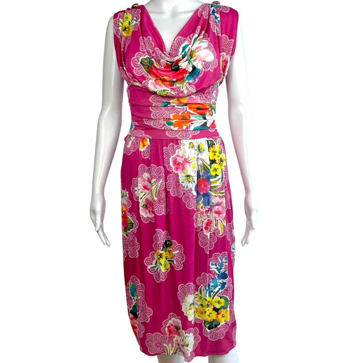 D&G Dolce & Gabbana Pink Floral Cowl Neck Midi Dress