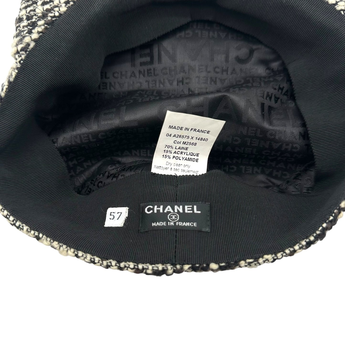 Chanel Black & White Tweed Newsboy Hat w/ Nail Polish Charm