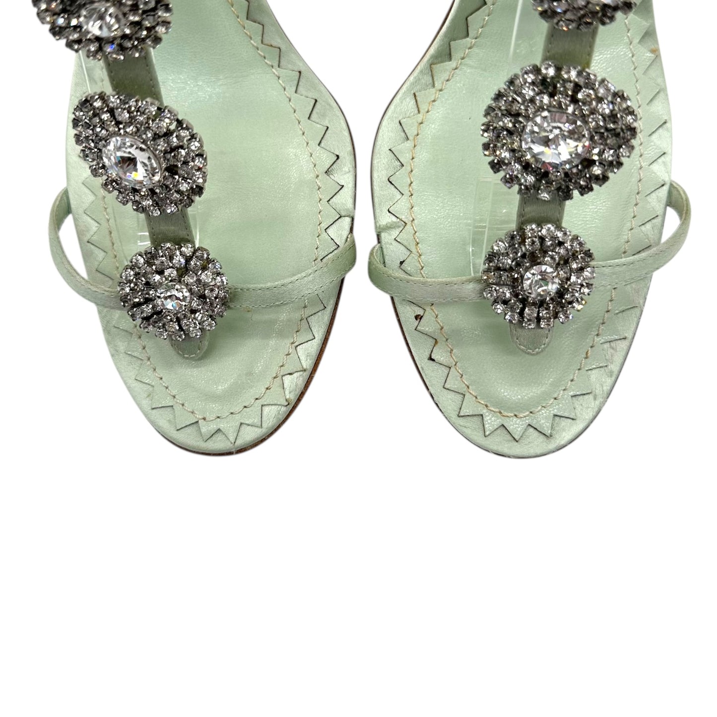 Manolo Blahnik Mint Green Silk Crystal Embellished Strappy Heels