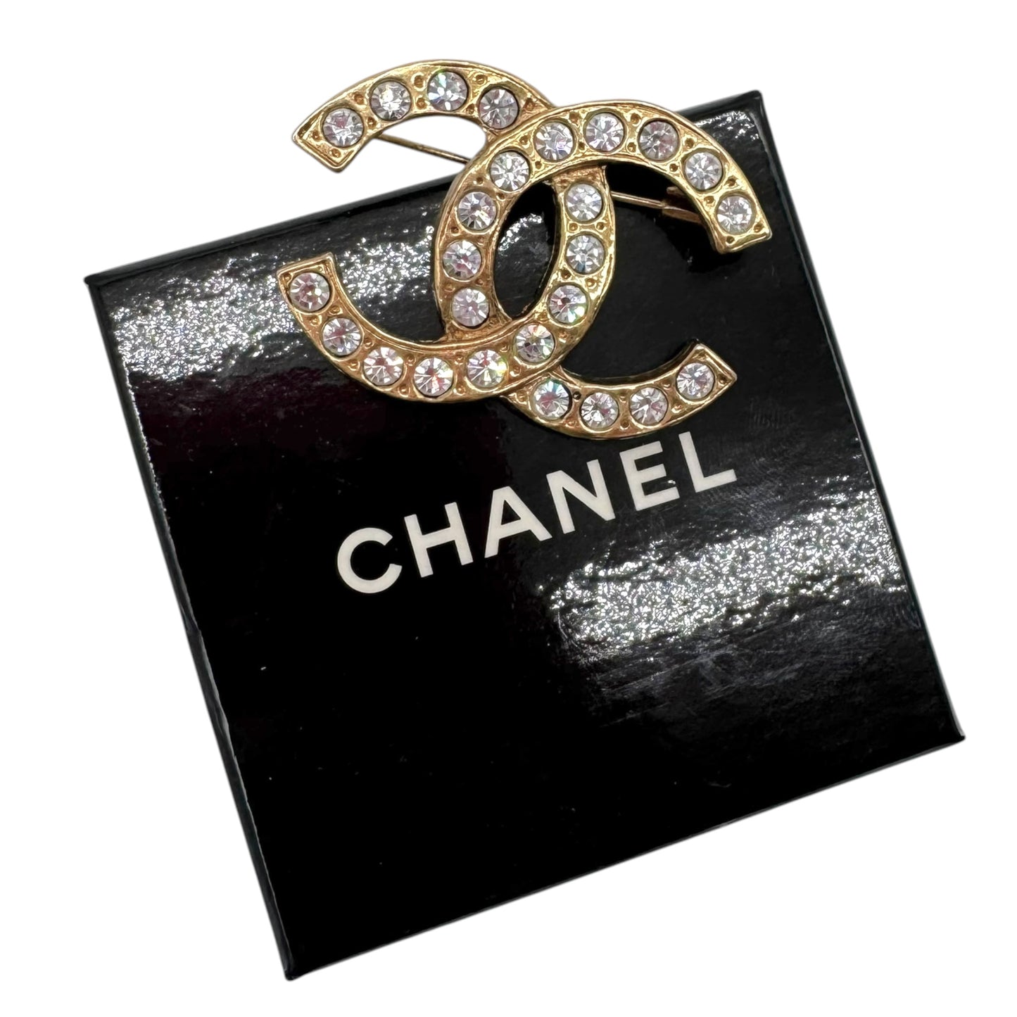 Chanel 80's Vintage Gold & Crystal Logo Brooch Pin