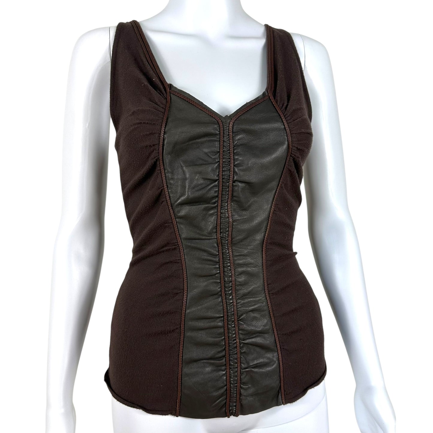 Roberto Cavalli 2003 Brown Leather Accent Ruched Tank Top