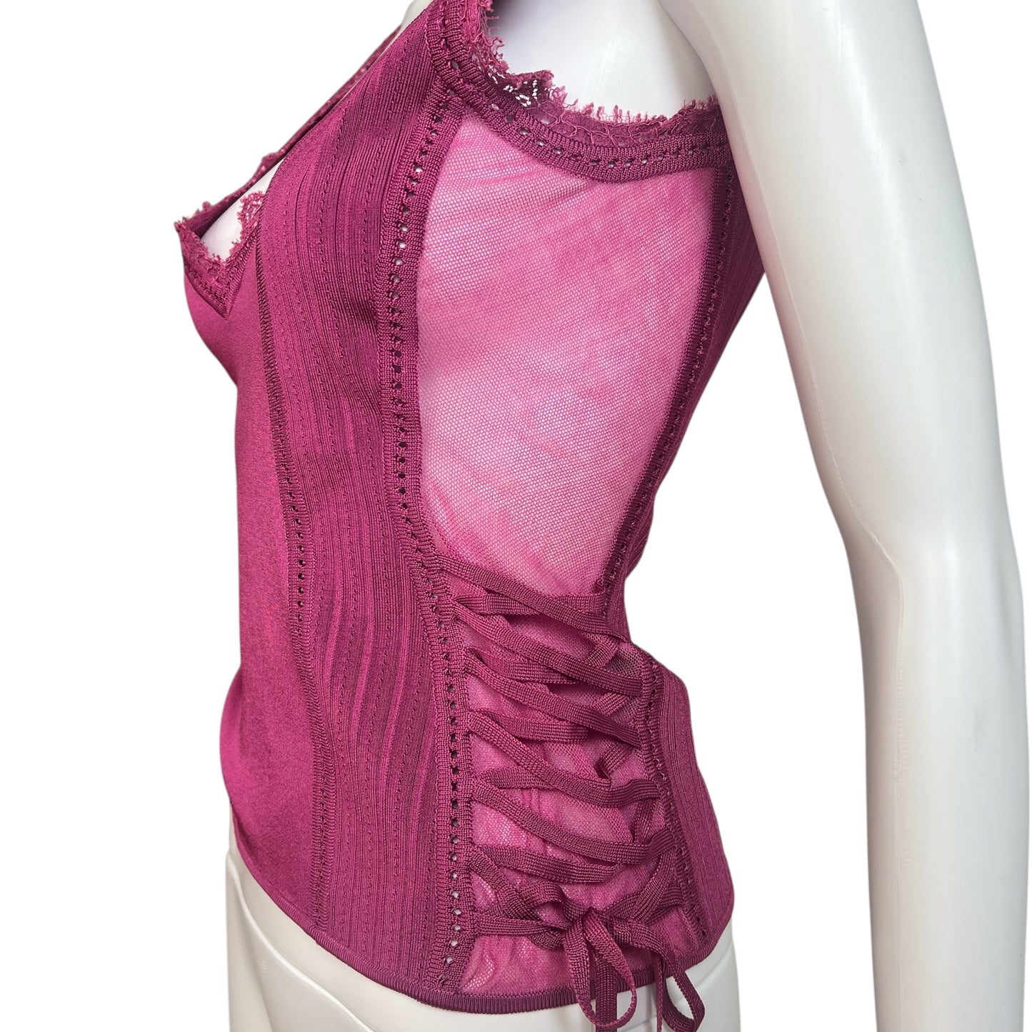 Christian Dior S/S 2005 Pink Lace Up Knit Tank