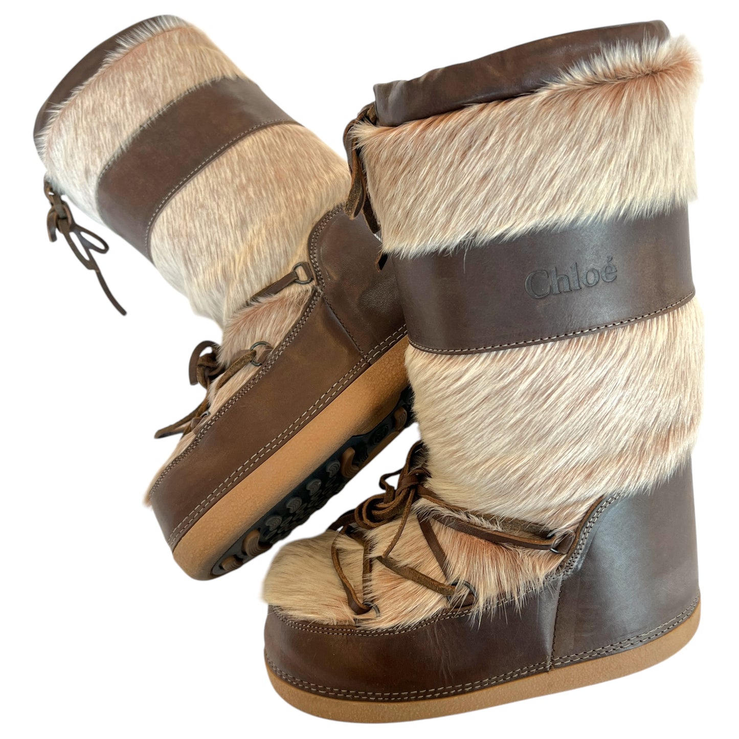 Chloé Brown Leather & Fur Moon Boots