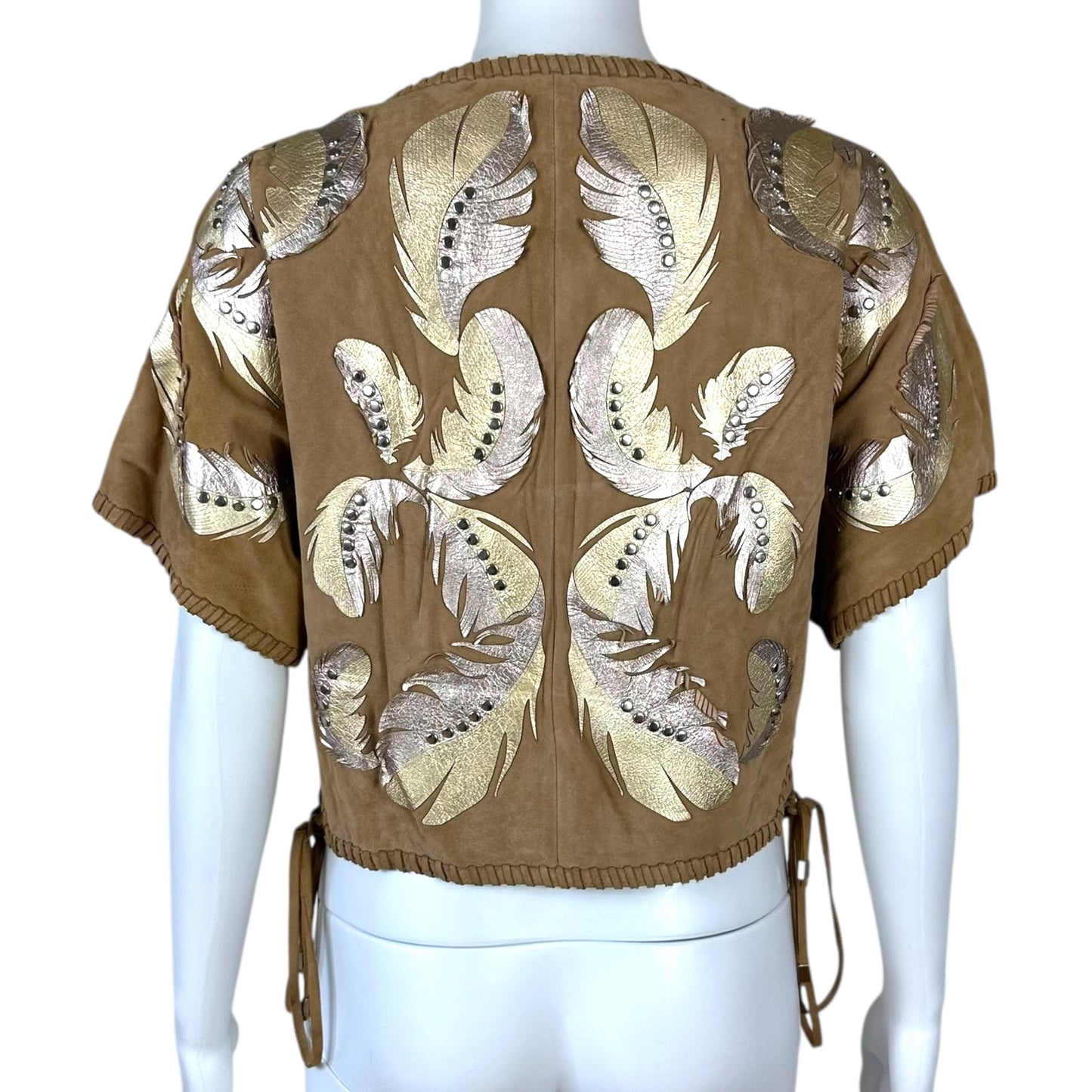 Roberto Cavalli Leather Feather Applique Suede Cropped Vest Top NEW