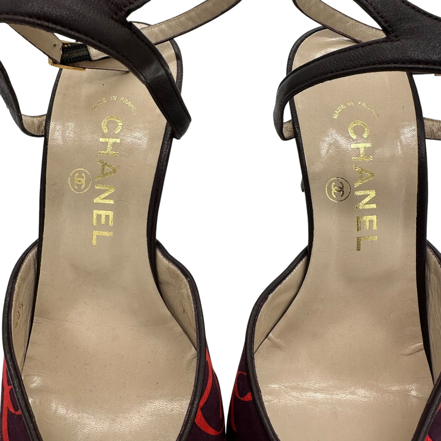 Chanel Purple & Pink Logo Pointed Toe Slingback Heels