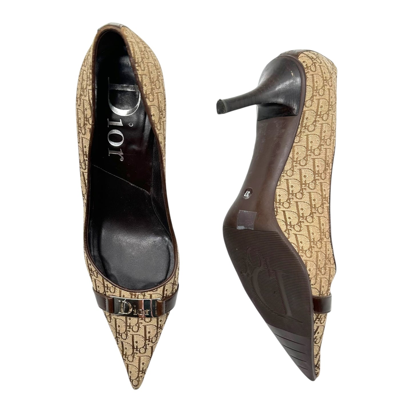 Christian Dior Tan Monogram Logo Plate Pointed Toe Heels