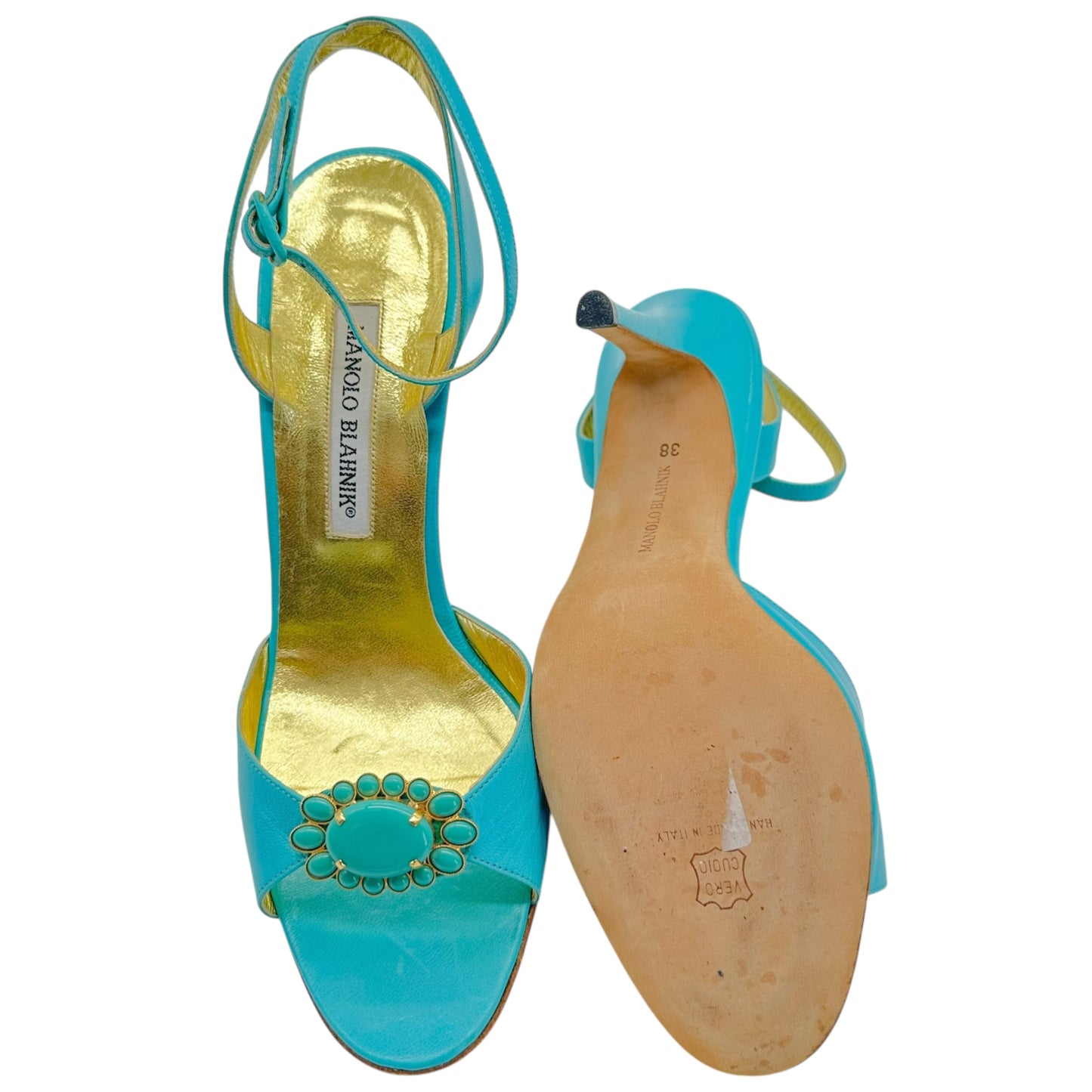Manolo Blahnik Teal Blue Leather Embellished Sandal Heels
