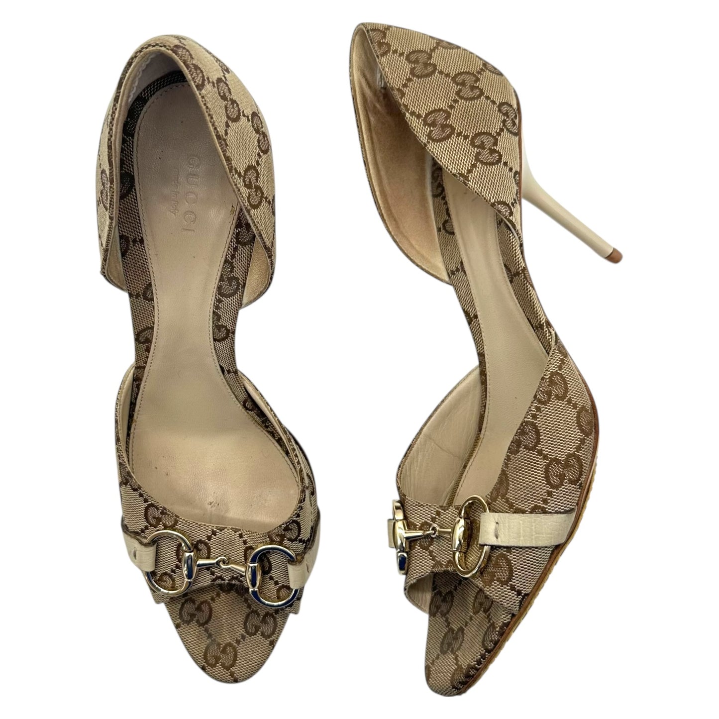 Gucci Tan Monogram Horsebit D'Orsay Heels