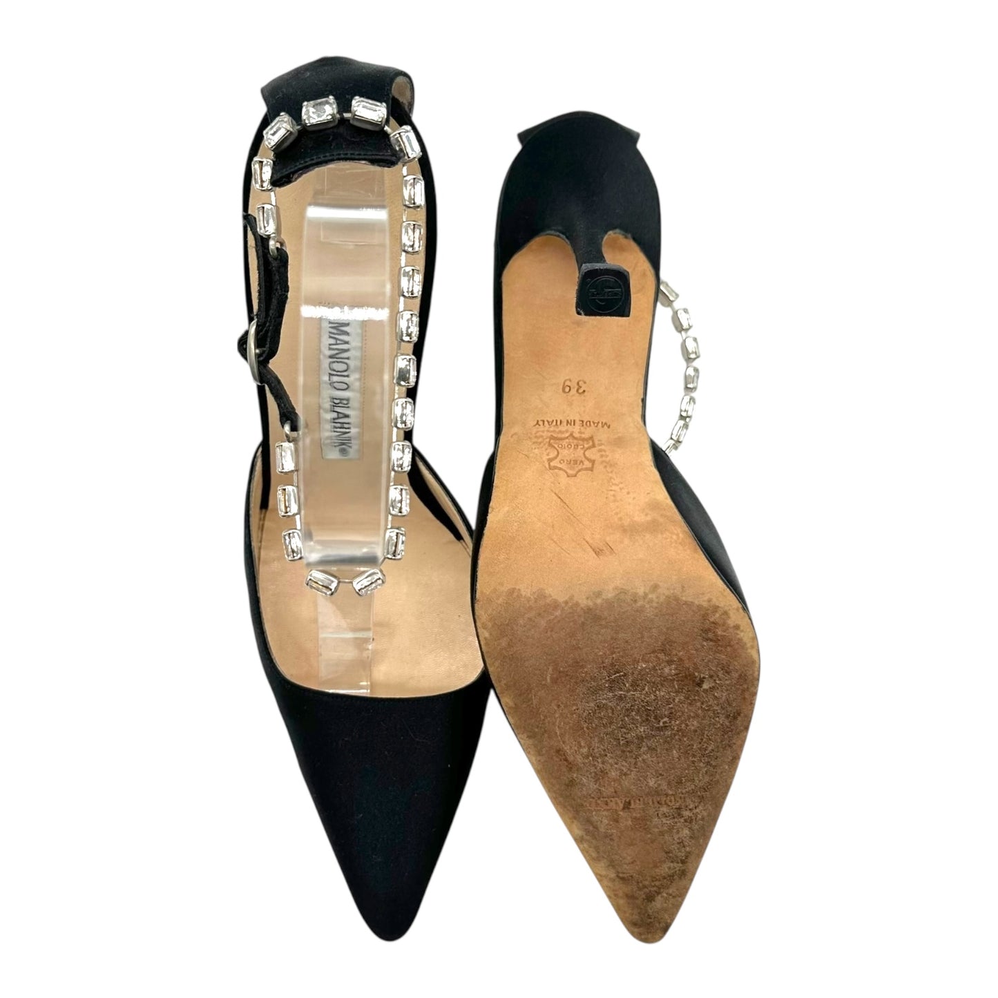 Manolo Blahnik Black Silk Crystal Strap Heels