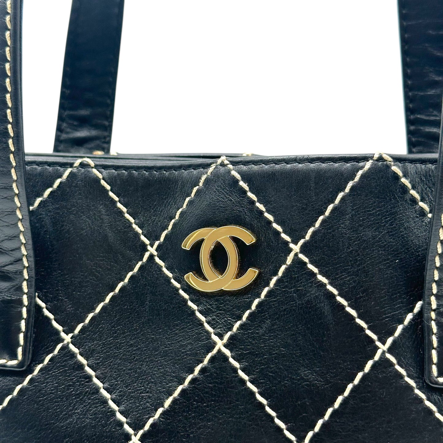 Chanel Black Ivory Contrast Wild Stitch Mini Tote Handbag