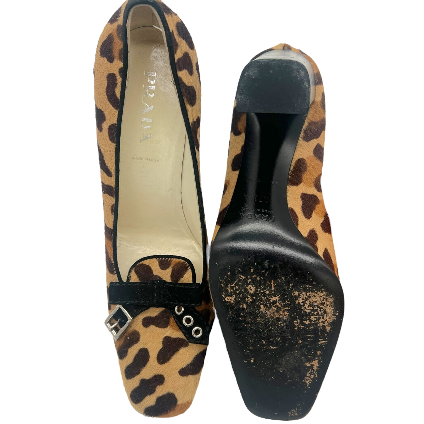 Prada Leopard Print Ponyhair Heeled Loafers