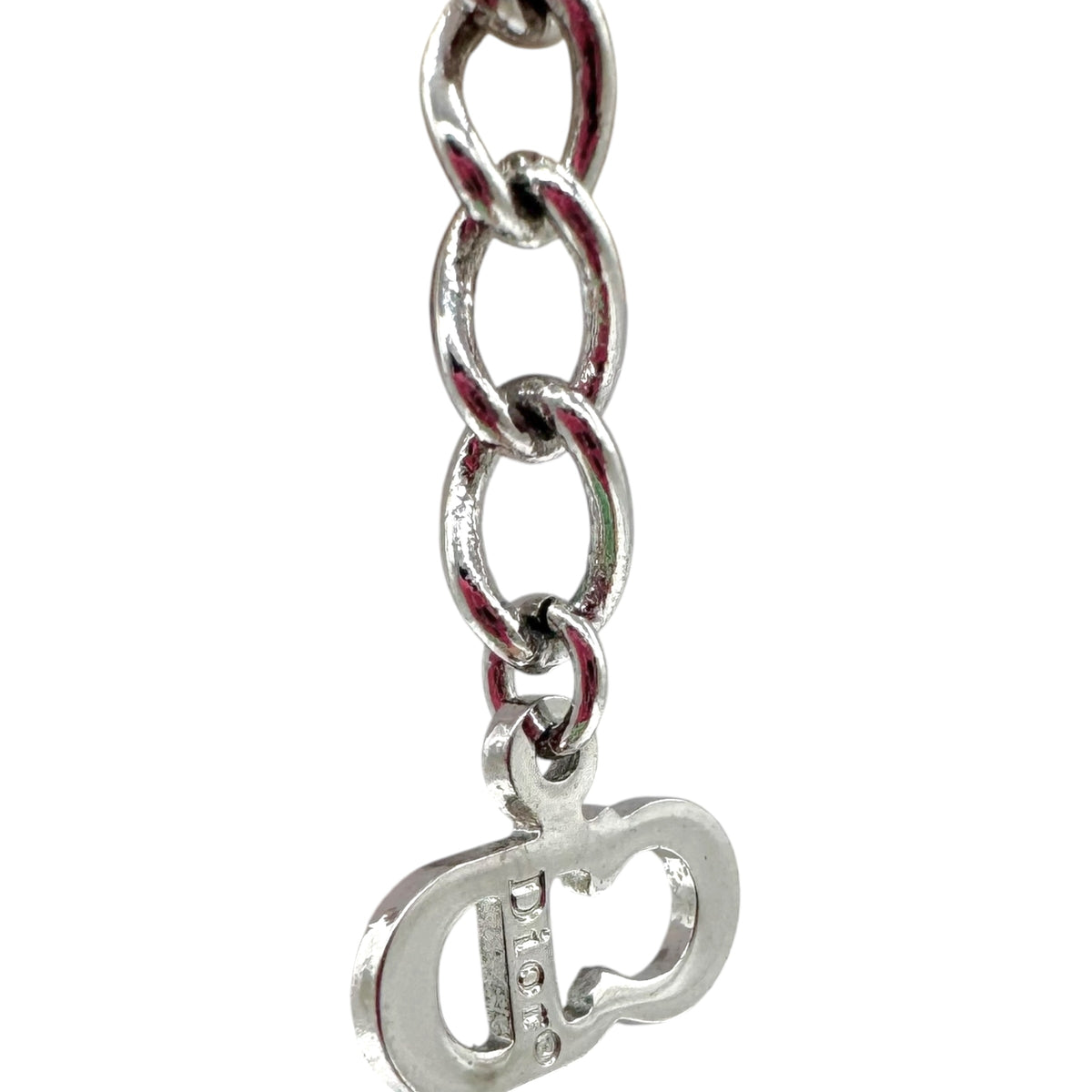 Christian Dior Silver Rhinestone Tennis Chain Logo Tag Necklace