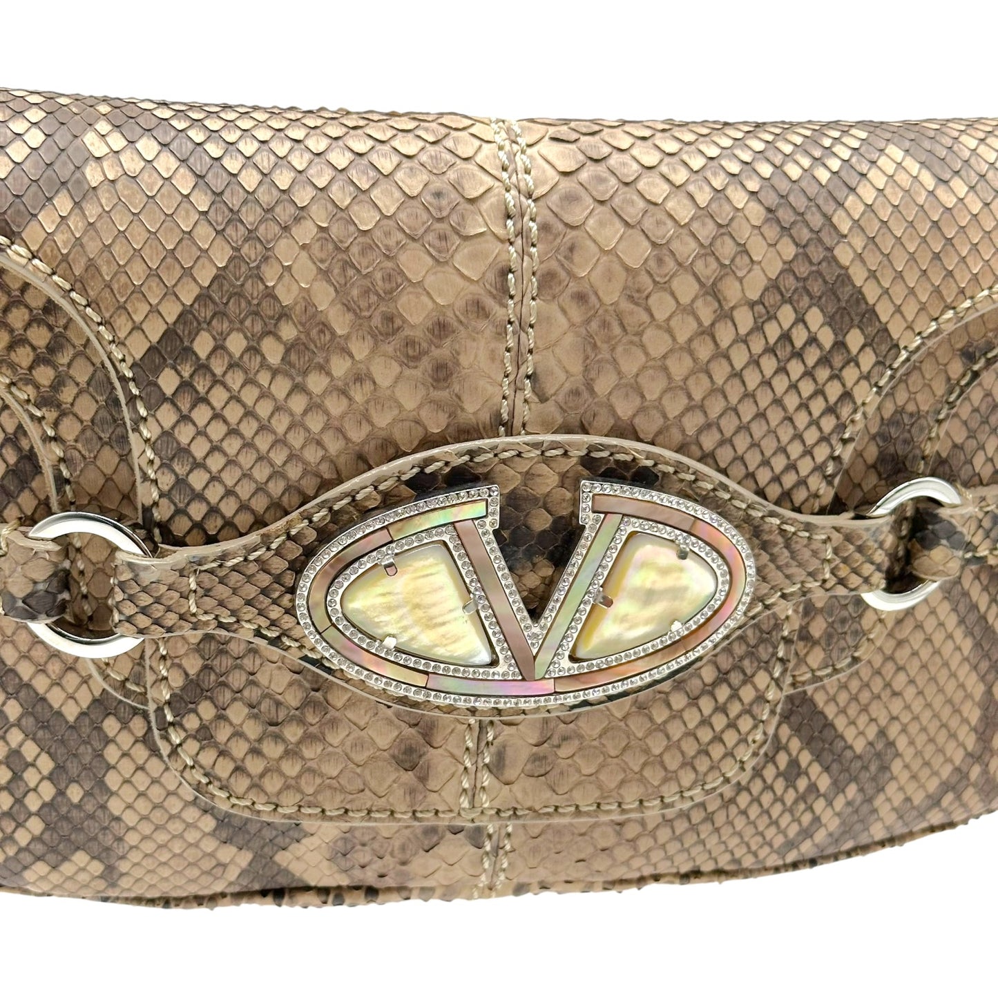 Valentino Garavani Light Brown Python & Rhinestone Mother of Pearl Embellished Shoulder Bag