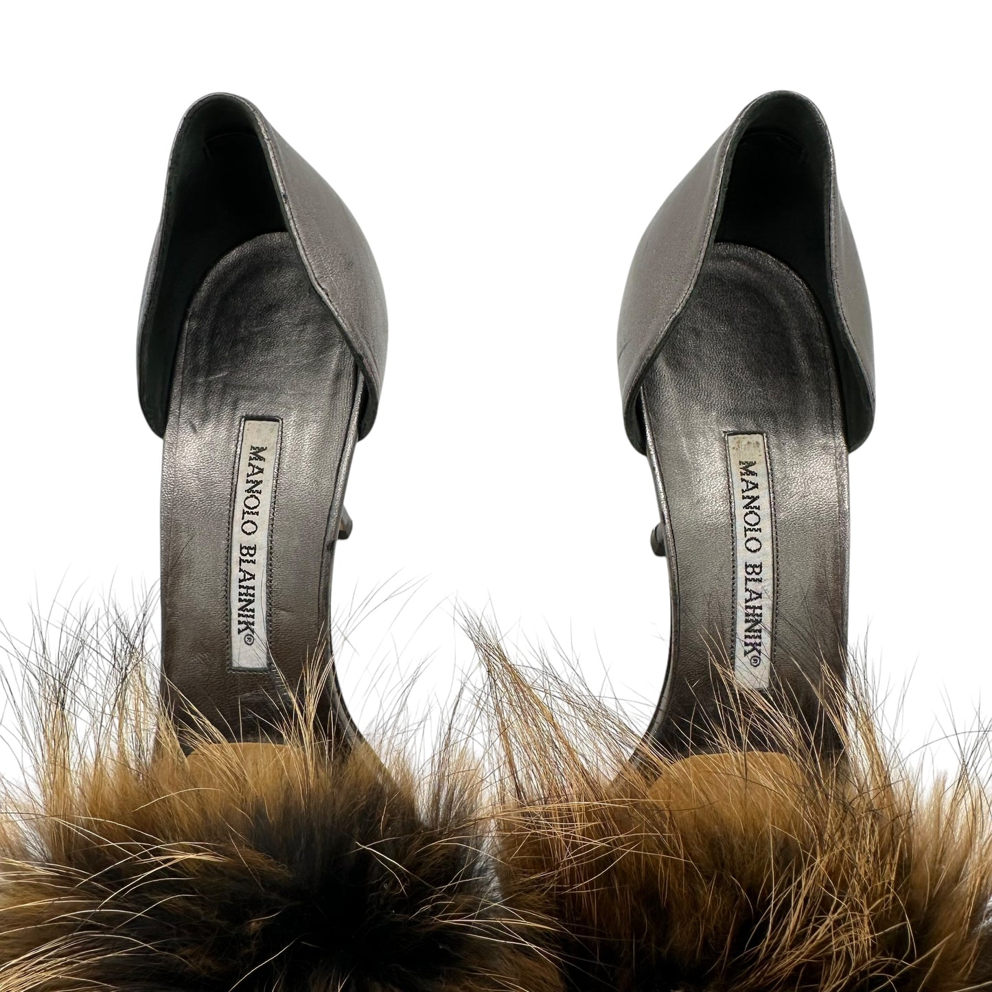 Manolo Blahnik Metallic Silver & Brown Fox Fur D'Orsay Heels