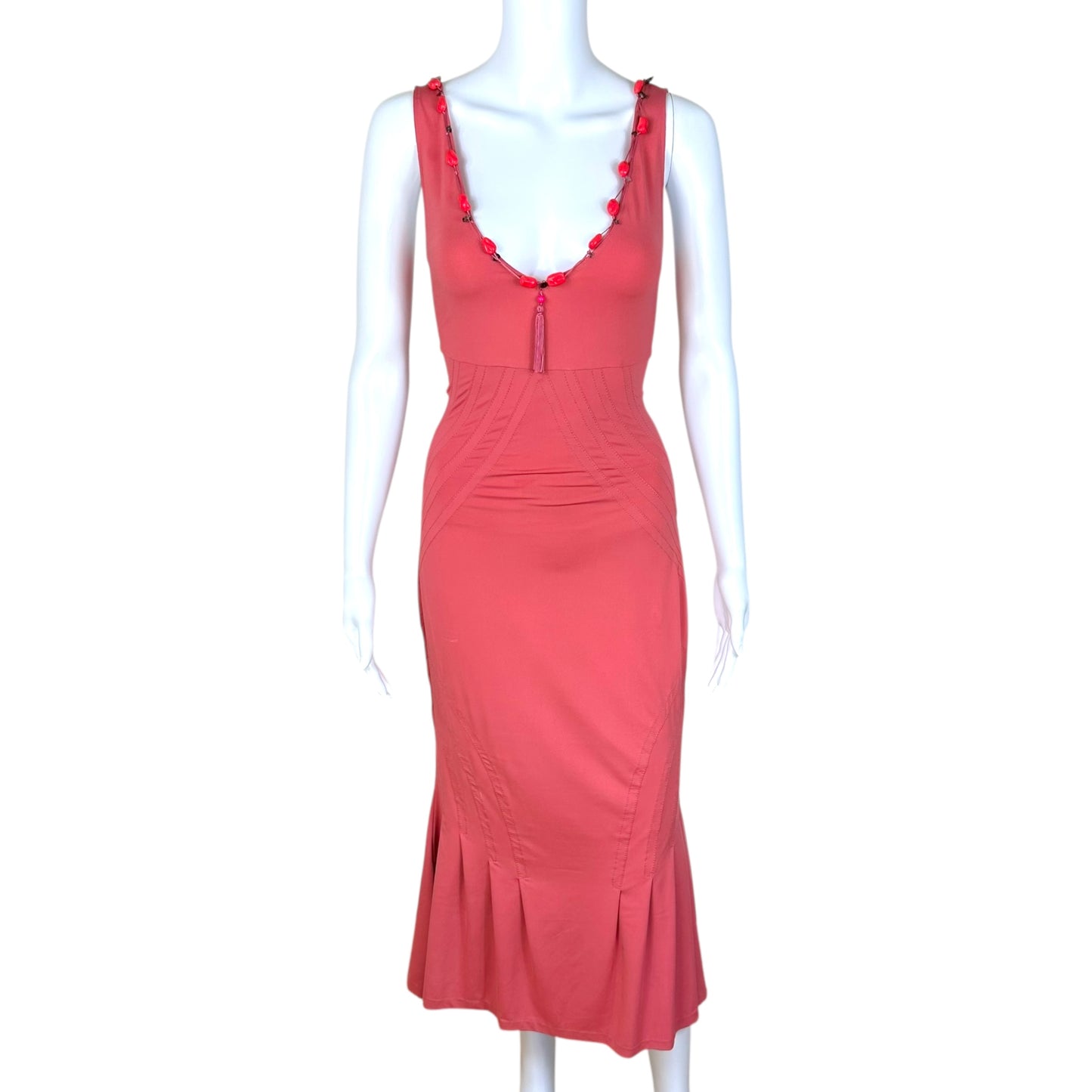 Roberto Cavalli Class Pink Beaded Neckline Midi Dress