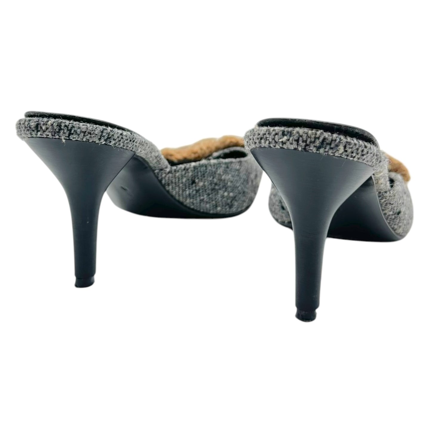Casadei Kitten Heel Mules Gray Tweed Knit