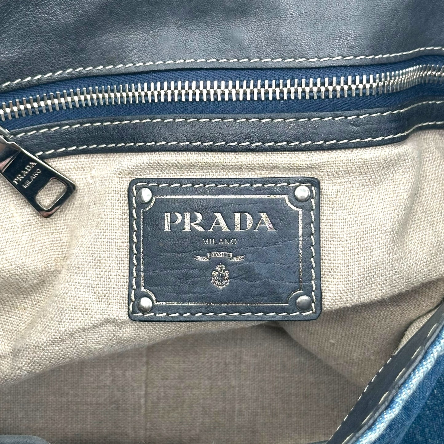 Prada Distressed Denim Turnlock Shoulder Bag