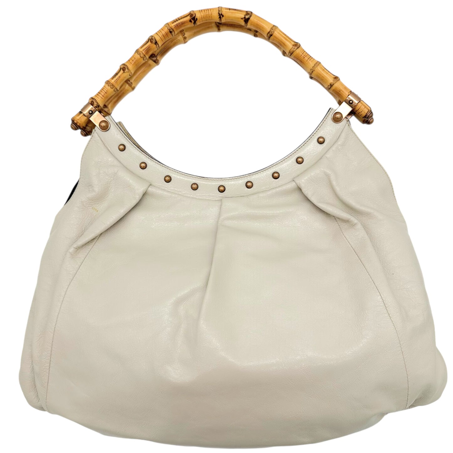 Gucci Ivory Leather Bamboo Handle Studded Shoulder Bag