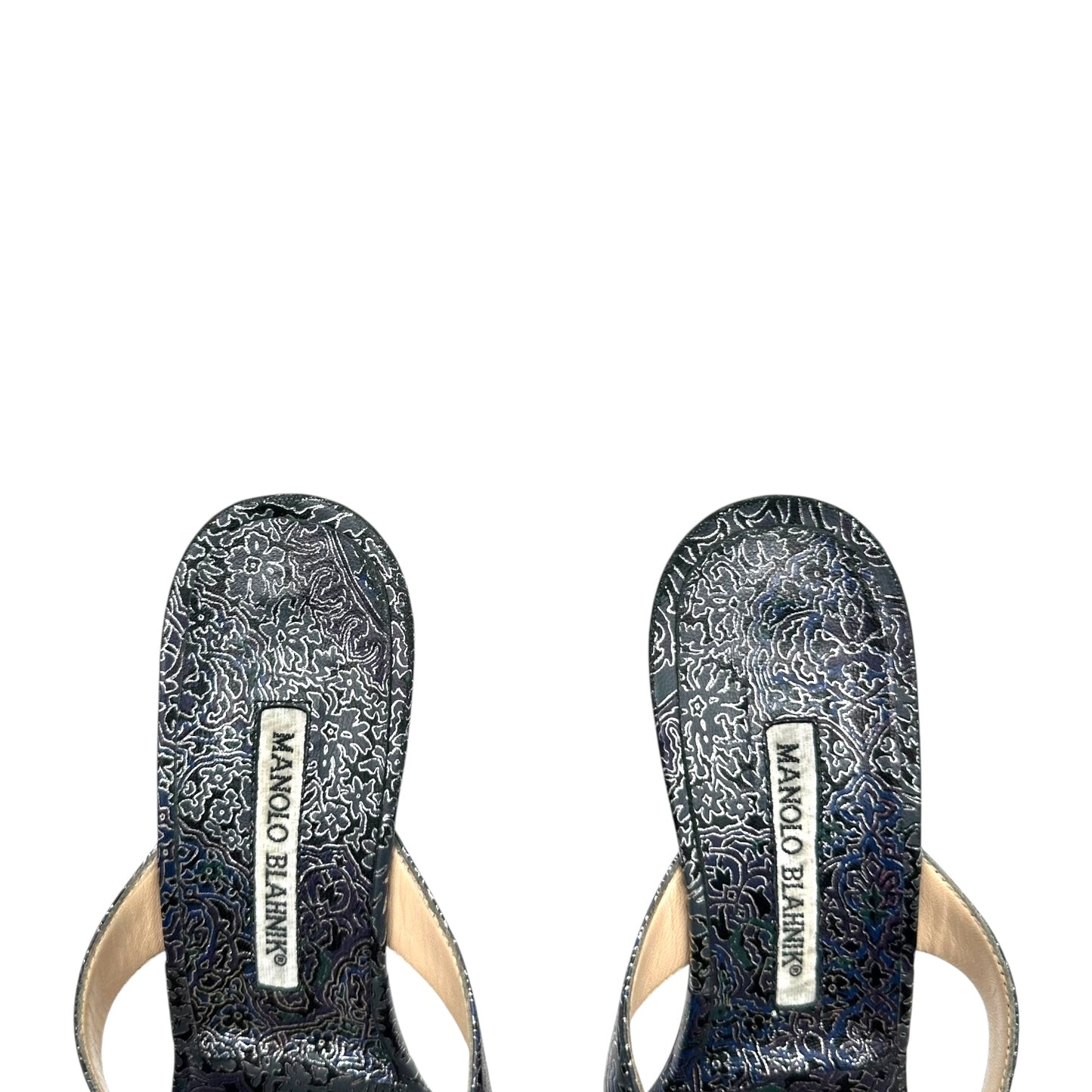 Manolo Blahnik Silver Beaded Kitten Heel Flip Flops