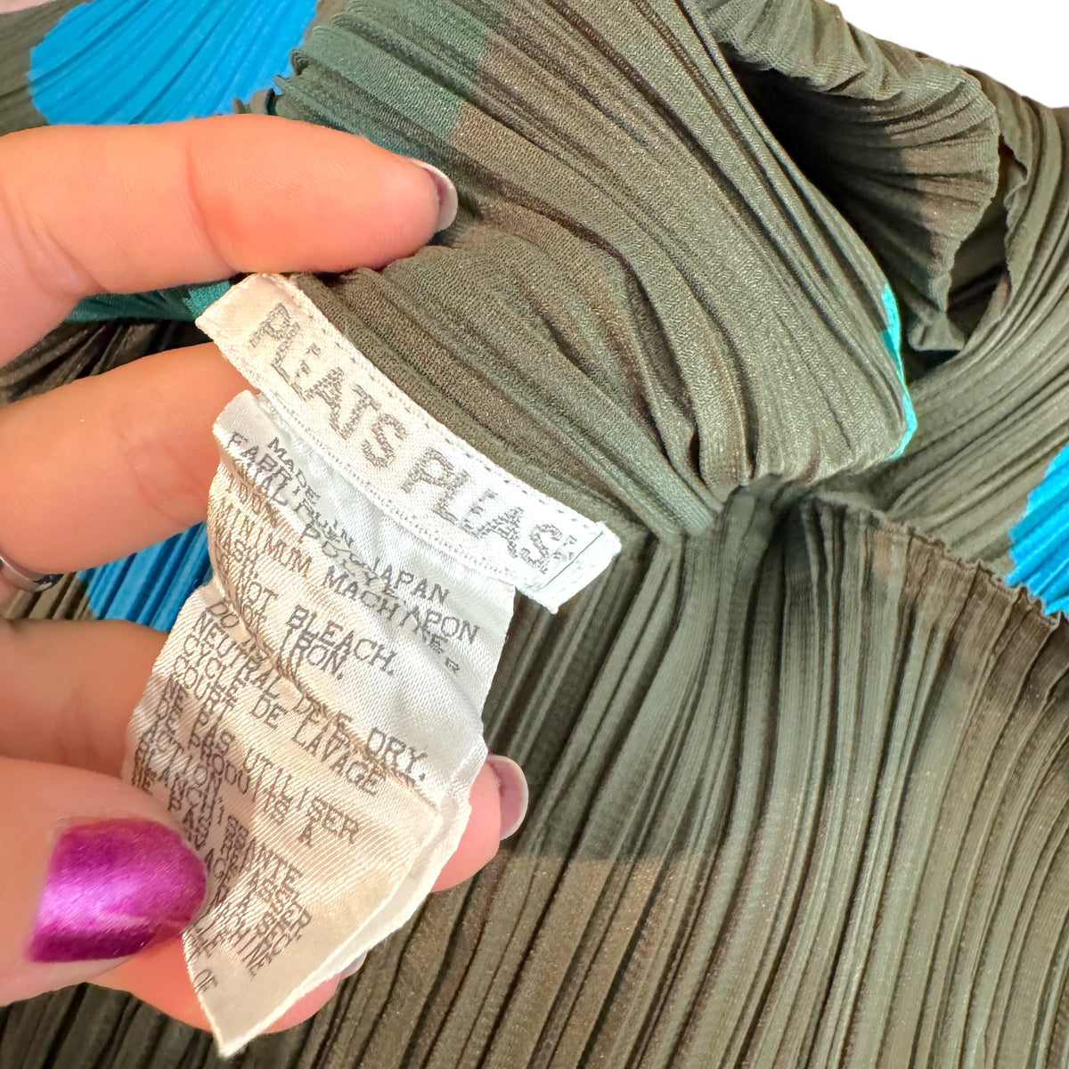 Issey Miyake Pleats Please Khaki Green & Turquoise Polka Dot Print Short Sleeve To Sz 3