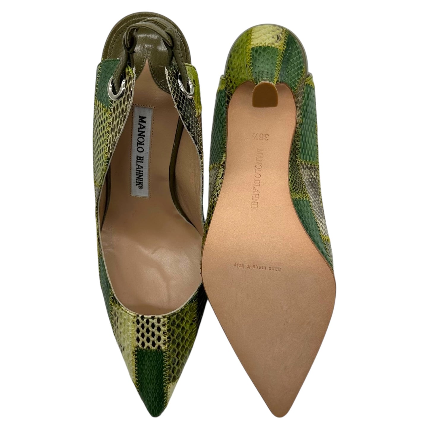 Manolo Blahnik Green Patchwork Snakeskin Heels