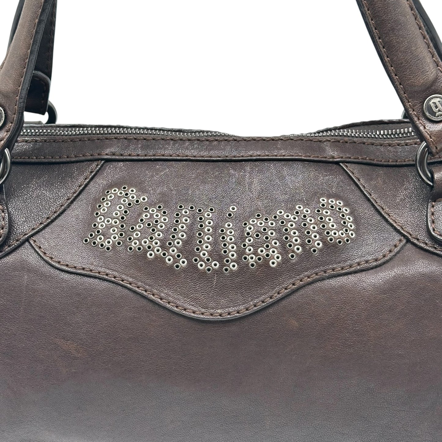 Galliano Brown & Silver Studded Logo Shoulder Bag