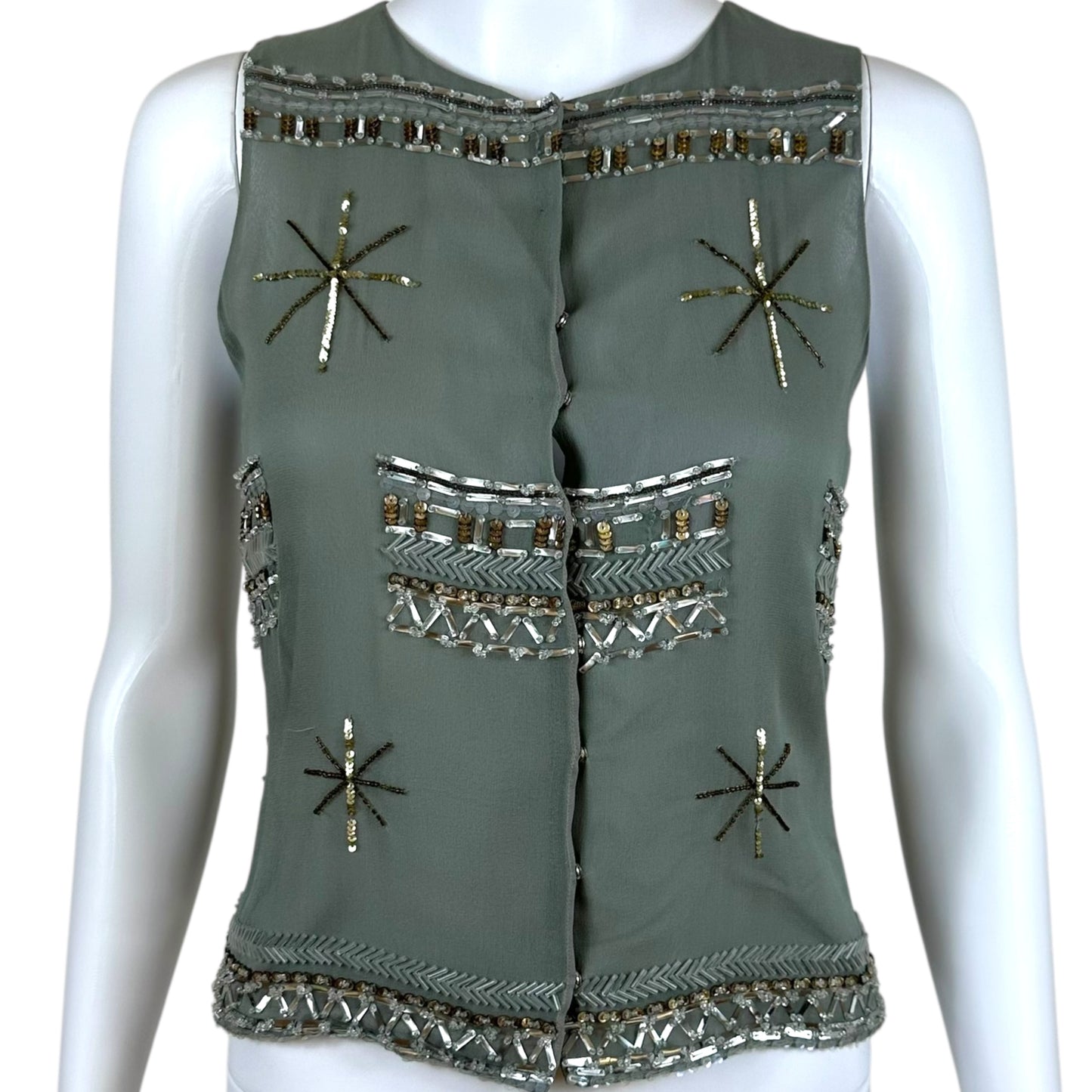 Emporio Armani Gray Silk Beaded Sleeveless Blouse NEW