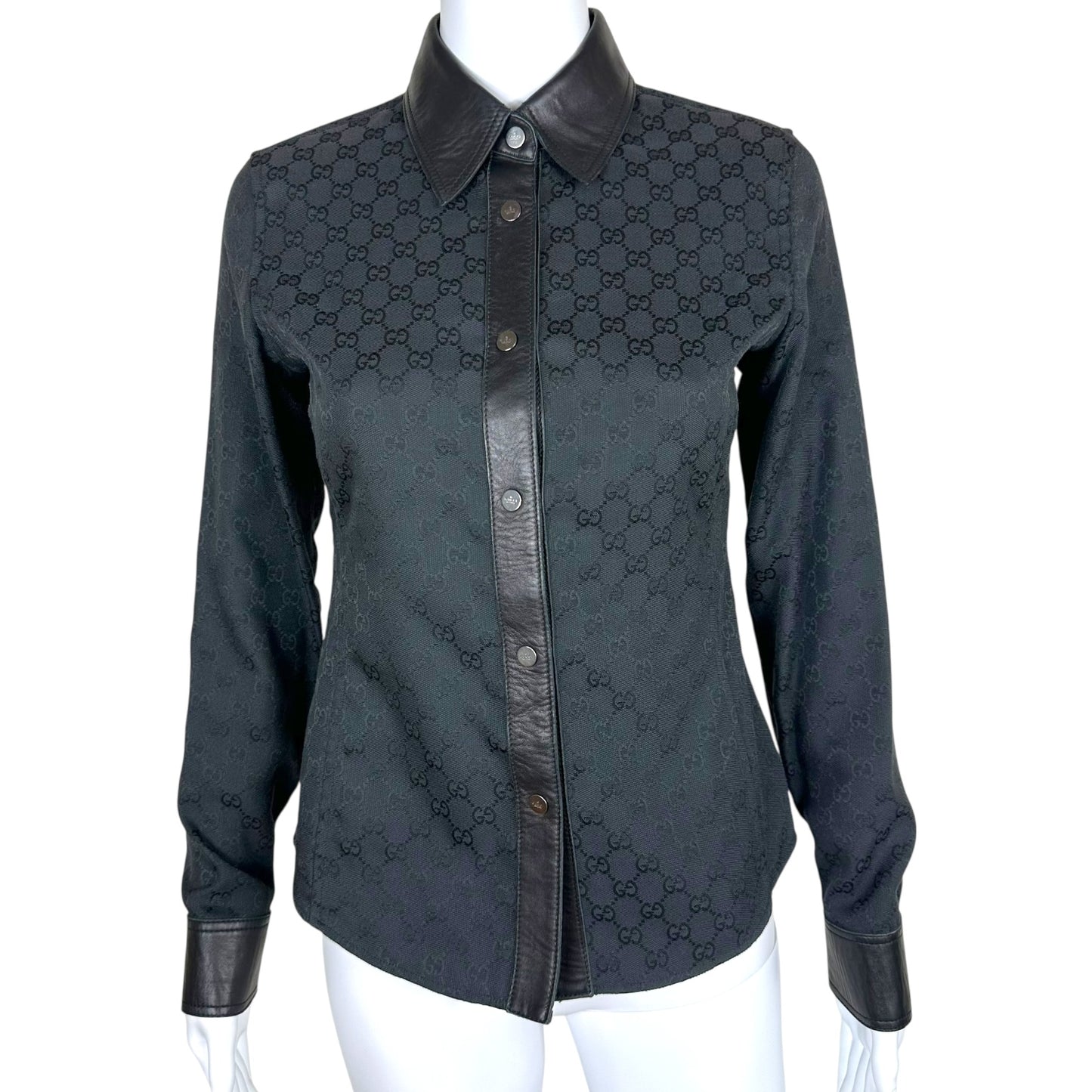 Gucci by Tom Ford F/W 2000 Black Monogram & Leather Button Up Top