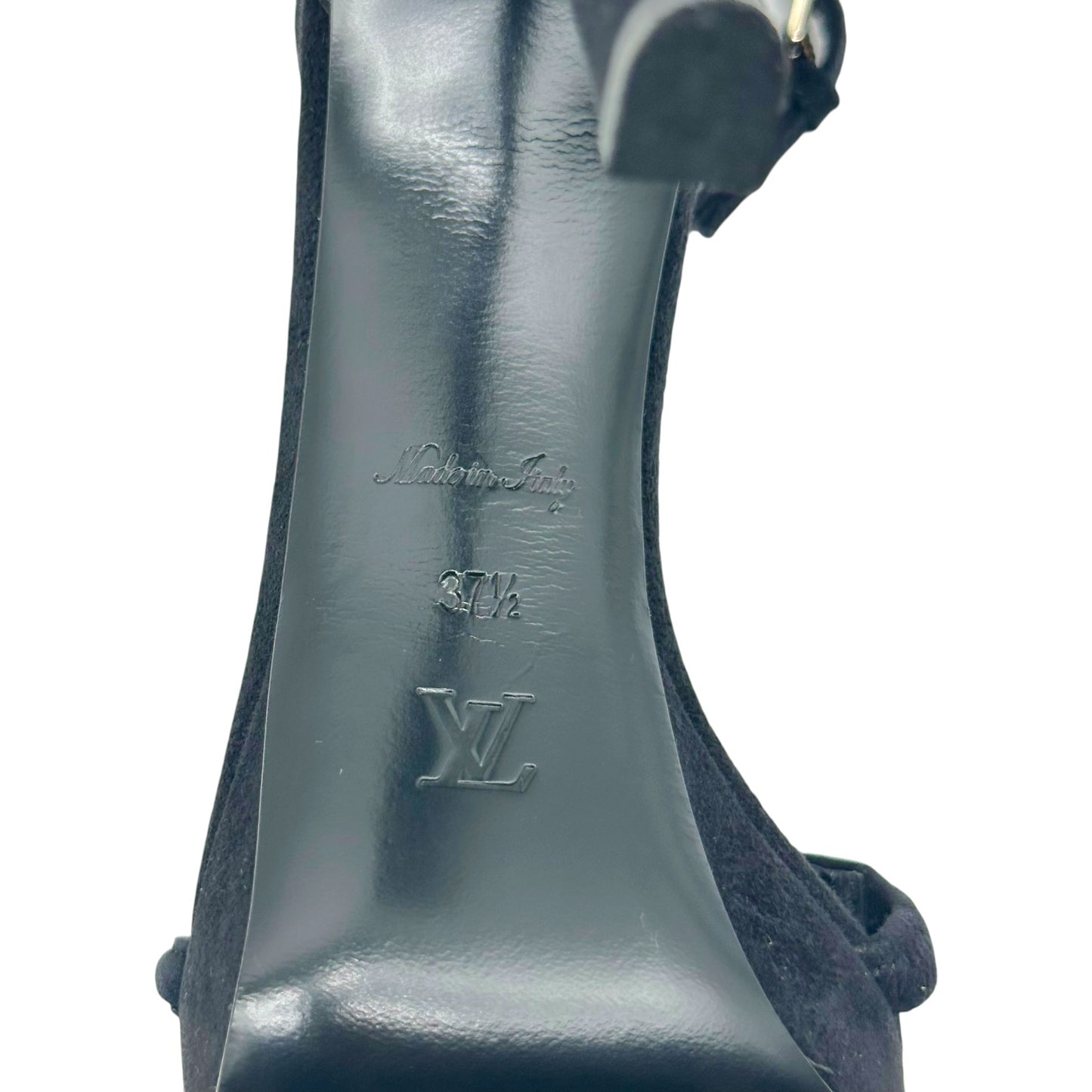 Louis Vuitton Melody Rhinestine Logo Charm Black Suede Platform Heeled Sandals