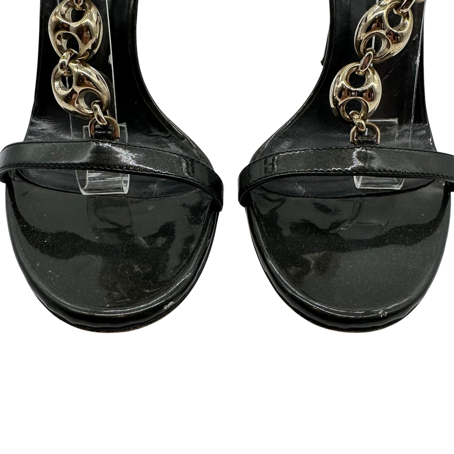 Gucci Black Patent Leather Gold Chain Link Heeled Sandals