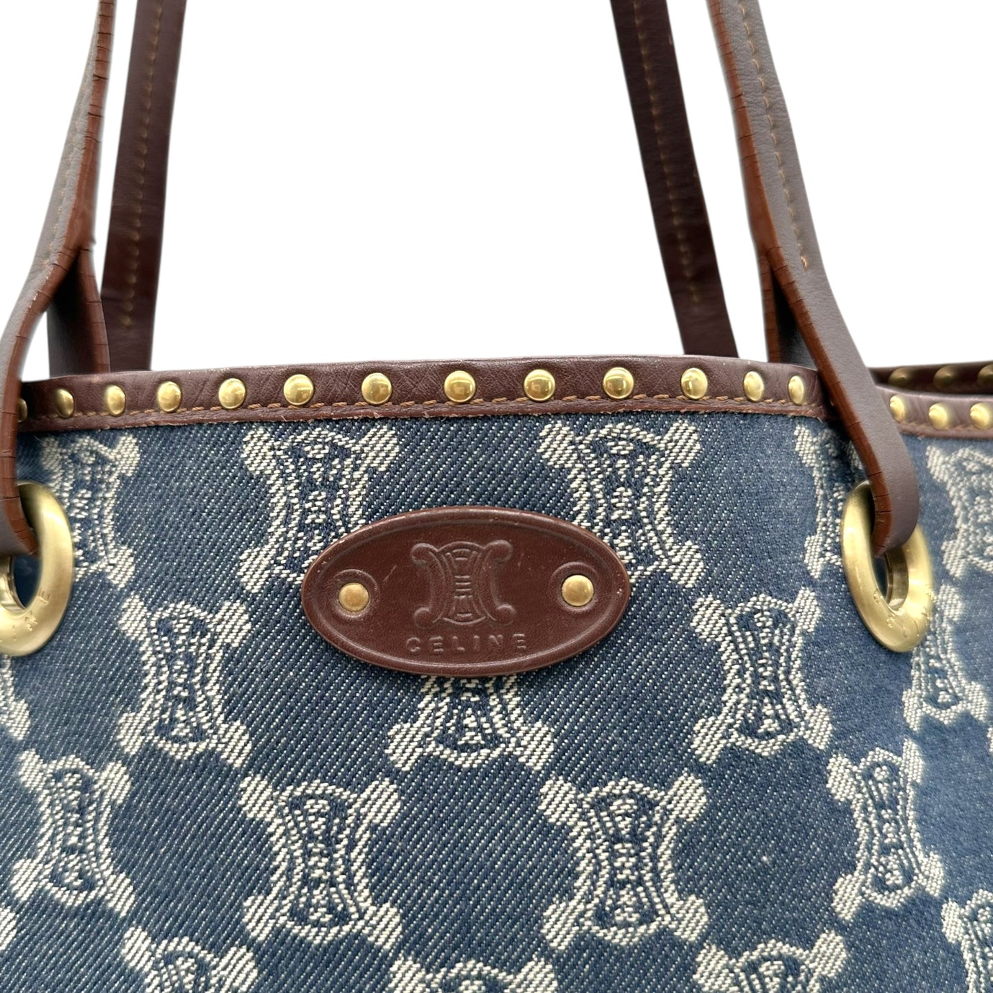 Celine Denim Triomphe Monogram Studded Tote Bag