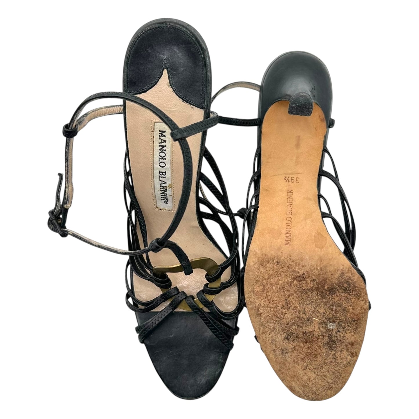 Manolo Blahnik Black & Gold Strappy Heeled Sandals