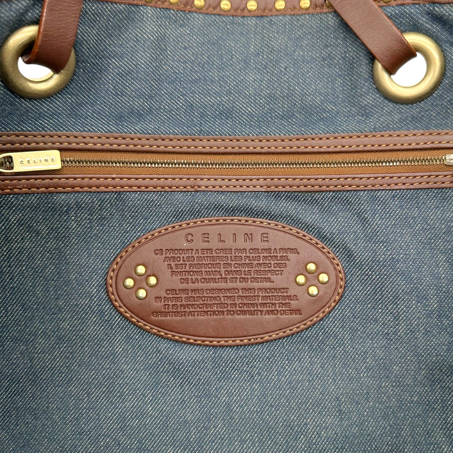 Celine Denim Triomphe Monogram Studded Tote Bag