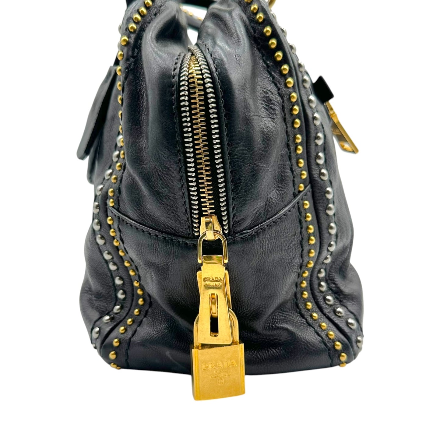 Prada Black Leather Studded 2-Way Bowler Bag