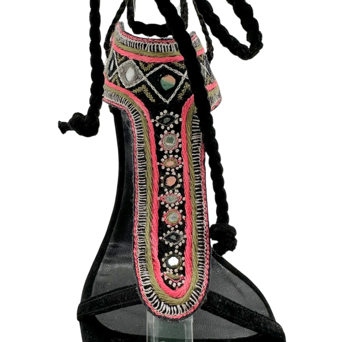 Versace Black Suede Embroidered Wrap Heels