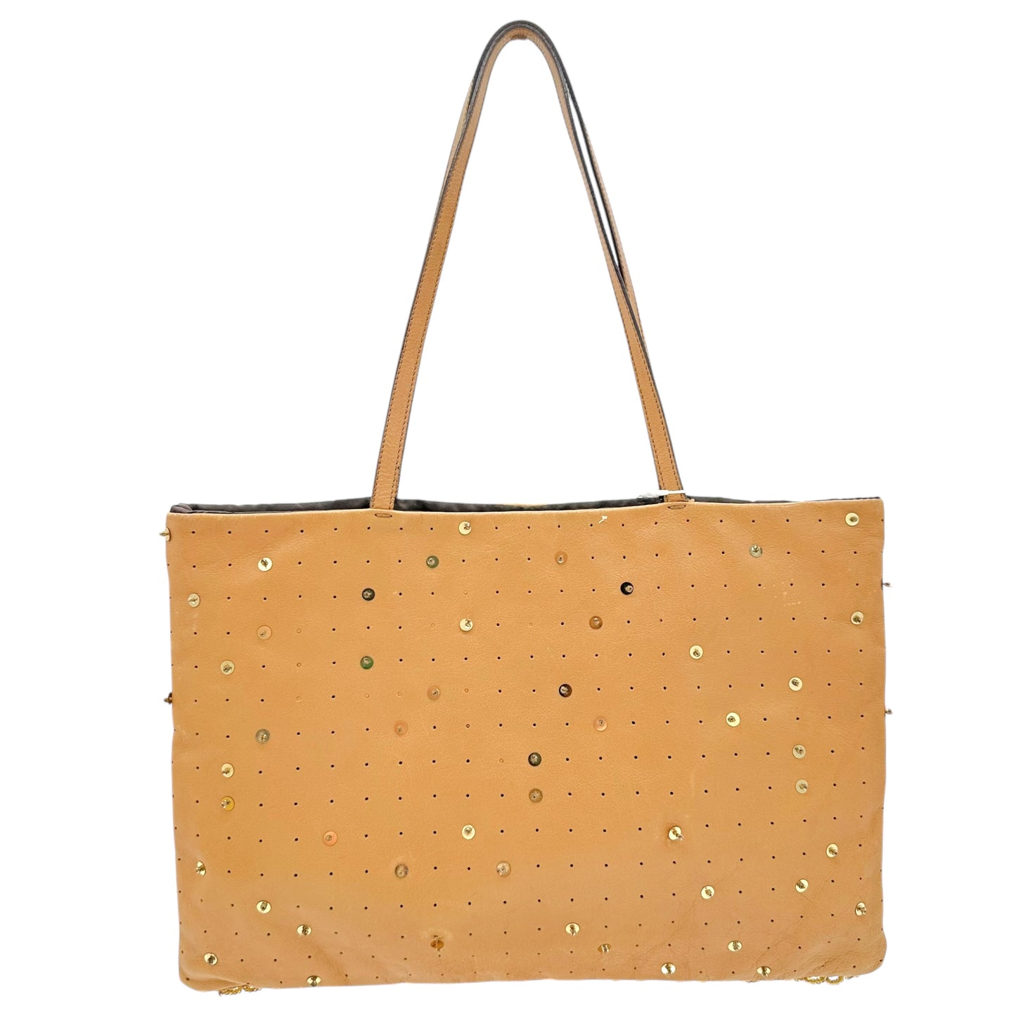 Miu Miu Tan Leather & Gold Sequin Mini Tote Bag