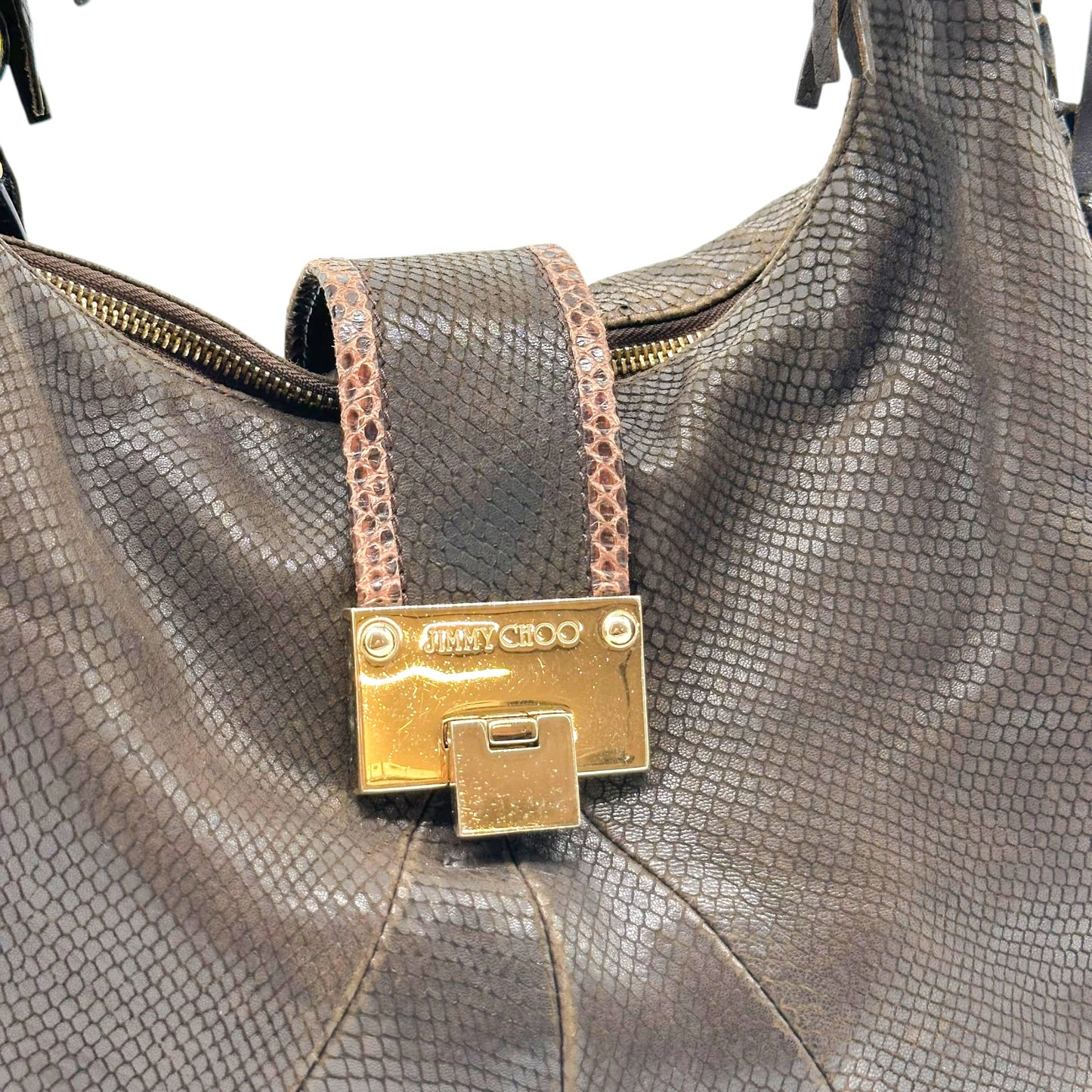 Jimmy Choo Brown Snakeskin Embossed Hobo Bag with Fringe
