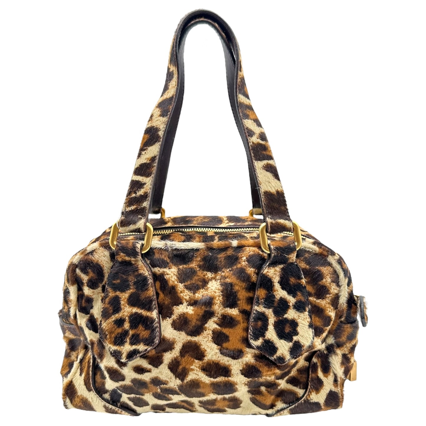 Prada Leopard Print Ponyhair Boston Bag