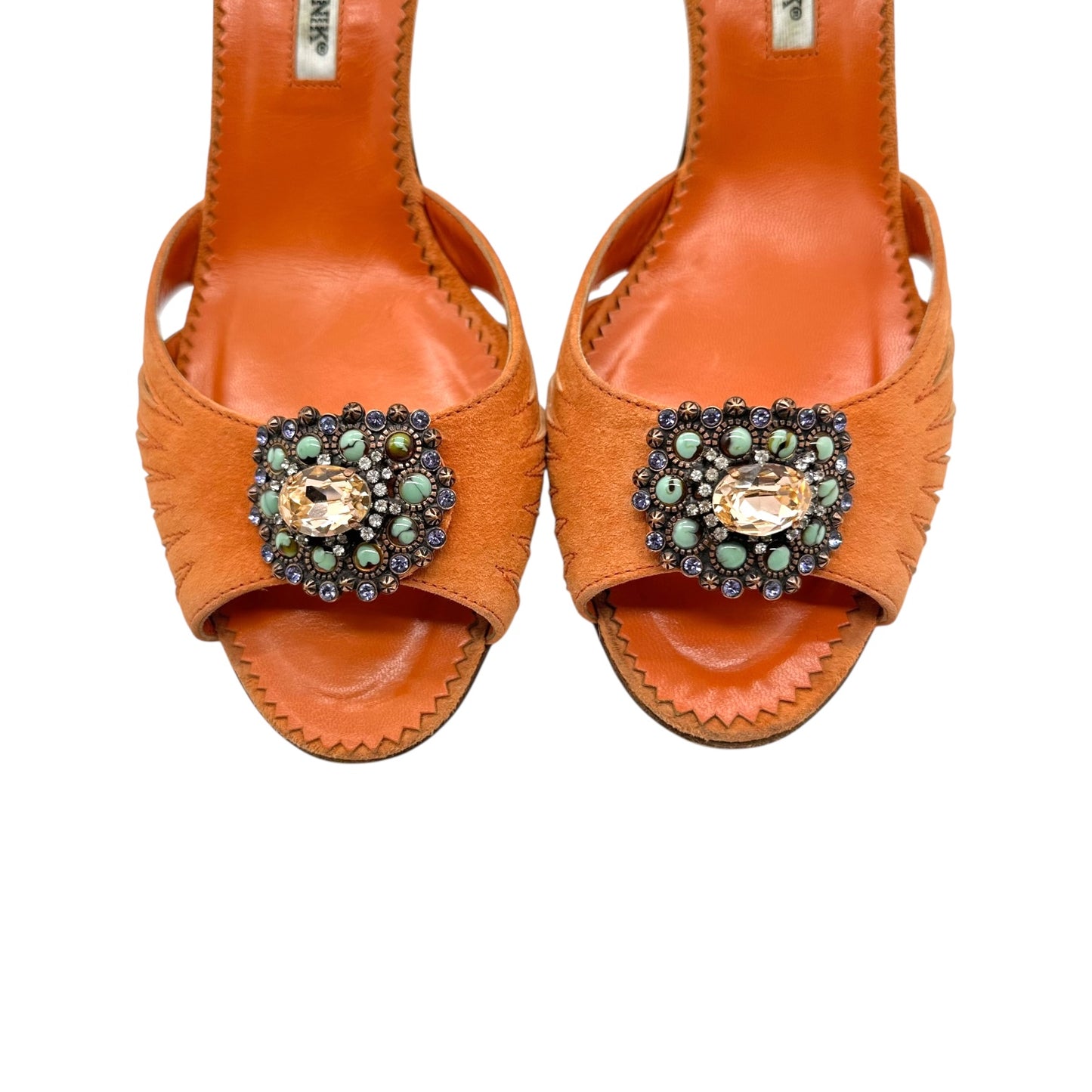 Manolo Blahnik Orange Suede Embellished Kitten Heels