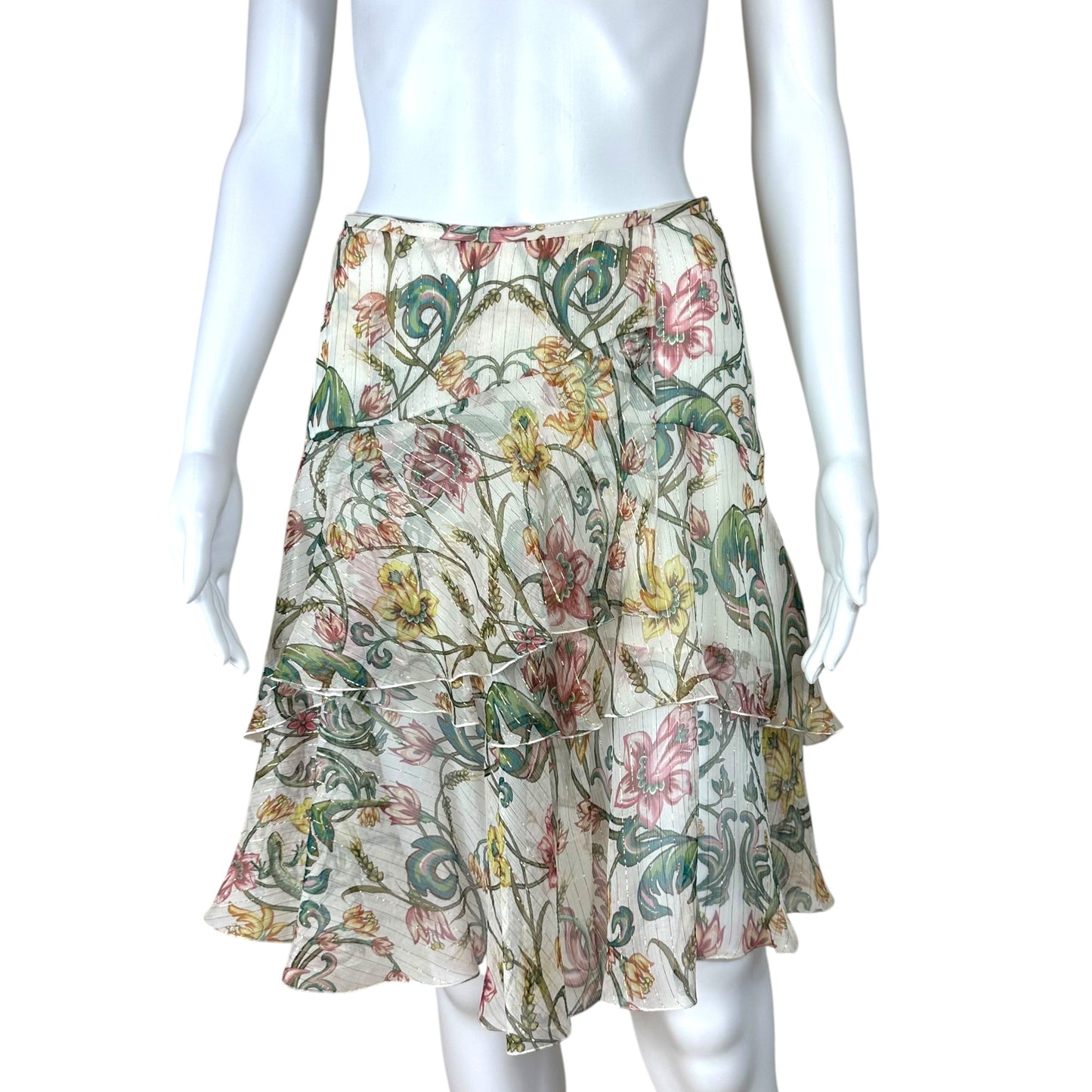 Roberto Cavalli 2012 White Floral Tiered Silk Midi Skirt