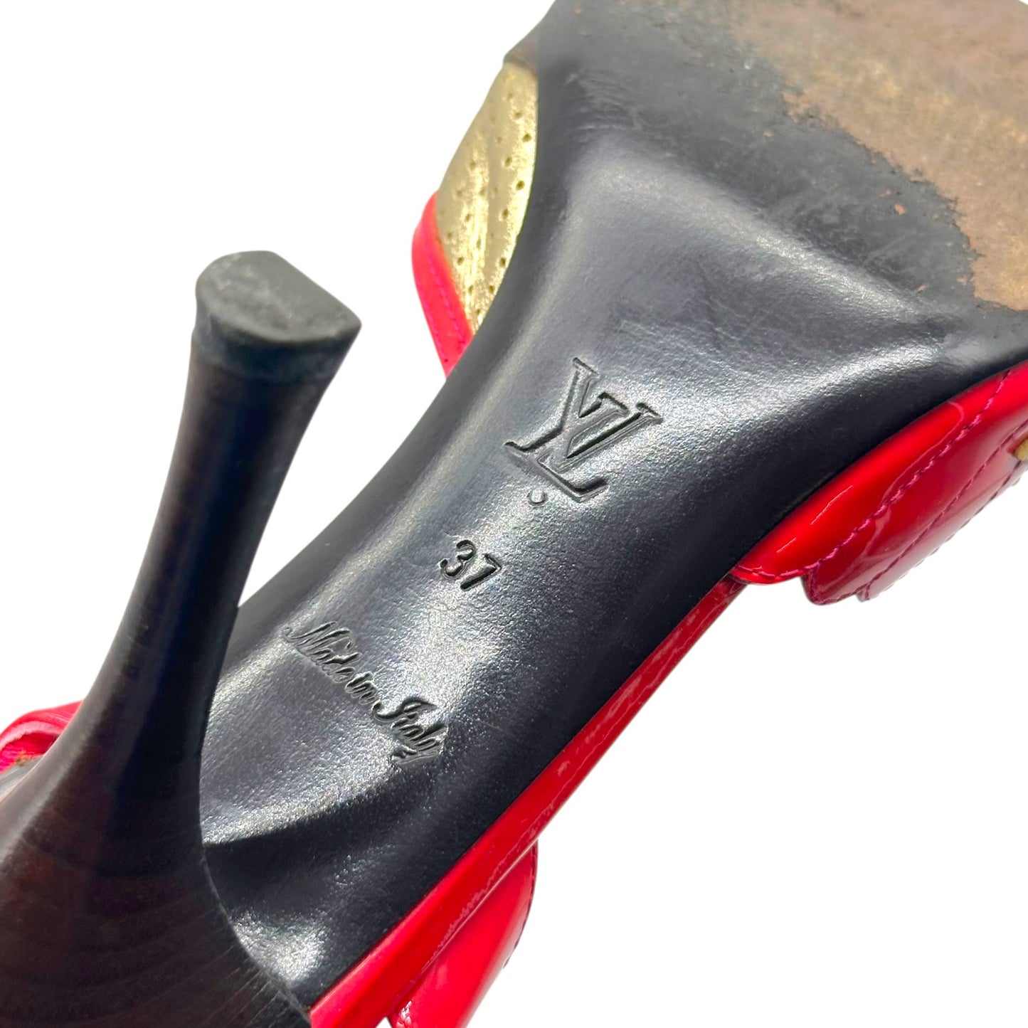 Louis Vuitton Hot Pink & Gold Leather Classic Monogram Strappy Sandal Heels - Outfit Repeater