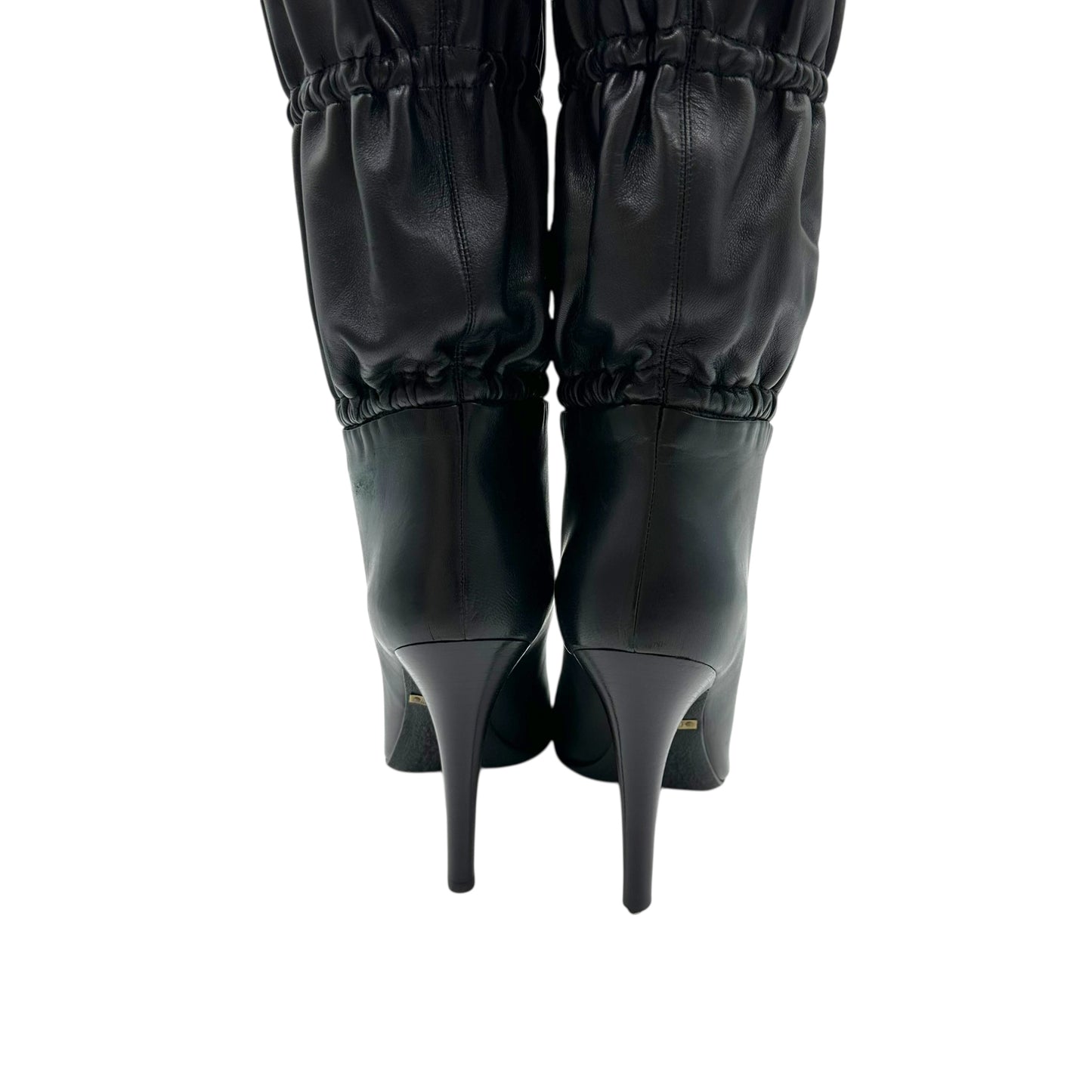 Roberto Cavalli Black Leather Gathered Leather Knee High Heeled Boots